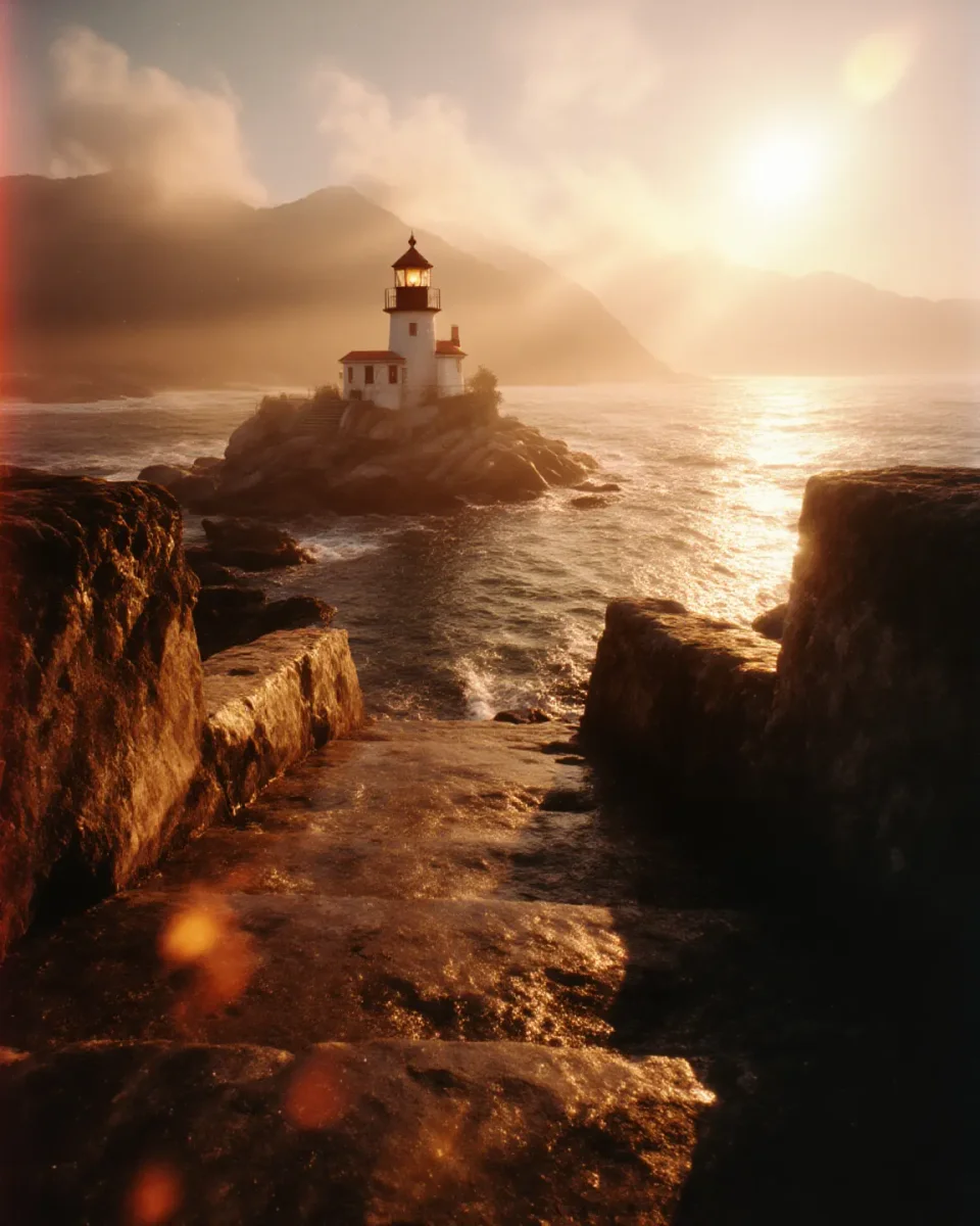 Sunset lighthouse — A lighthouse on rugged coastal cliffs at sunset, golden rays through clouds, waves crashing below, rich warm colors, cinematic landscape.