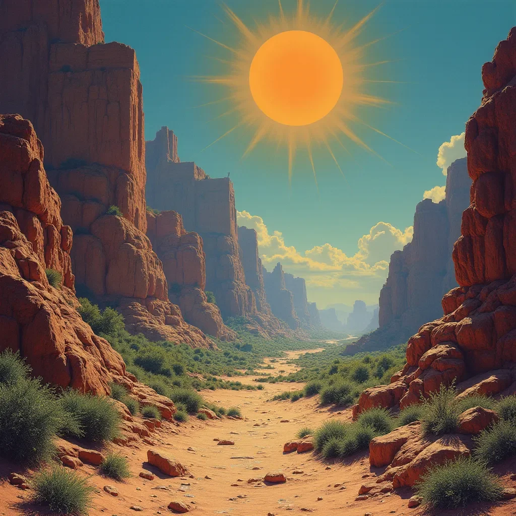 Sunny red rock canyon — Sunny red rock canyon. An atmospheric environment with layered depth, coherent lighting and rich environmental detail. Create a new interpretation…