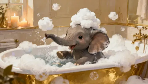 Elephant bubble bath — A baby elephant playing in a golden bathtub filled with fluffy bubbles, warm luxurious bathroom, playful realism.