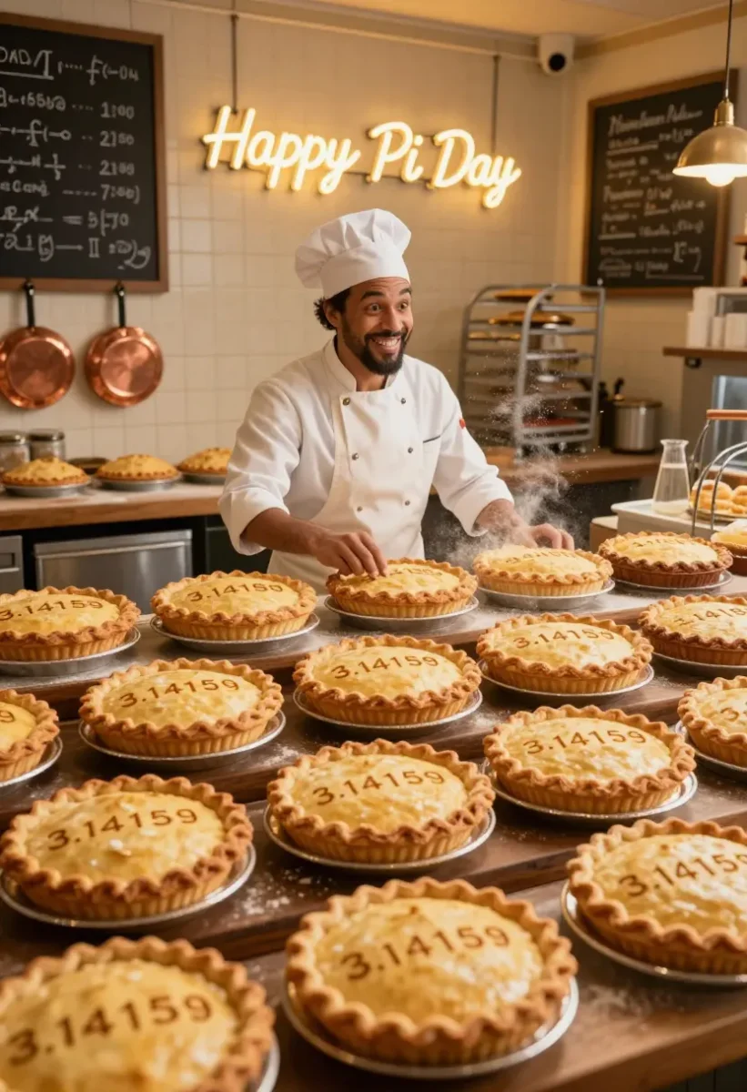 Bakery celebration — A cheerful baker behind rows of golden pies in a warm bakery, playful circular pastry patterns.