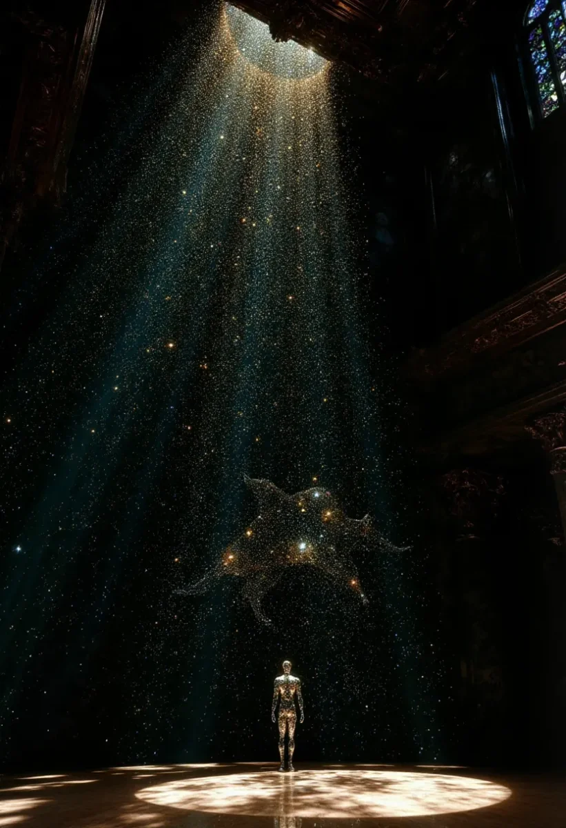 Sunbeam in the temple — A tiny figure in an ancient dark temple beneath a tall shaft of sunlight, drifting dust and monumental scale.