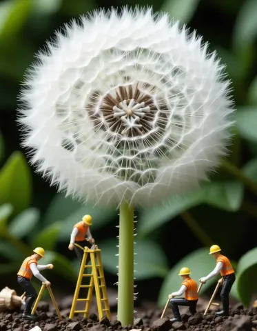Miniature gardeners and a dandelion — Miniature gardeners and a dandelion. Expressive illustration, harmonious colors, a clear focal point and carefully arranged details. Create…