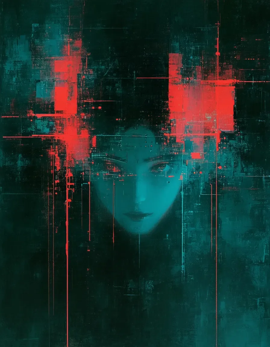 Crimson digital portrait — A shadowy face emerging through teal and crimson digital brush marks, layered abstract portrait.