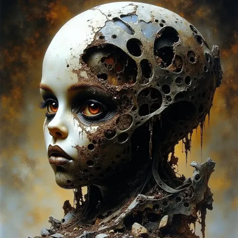 Ancient metallic android head — Ancient metallic android head. An imaginative character study with distinctive materials, expressive posture and cinematic lighting. Create a new…