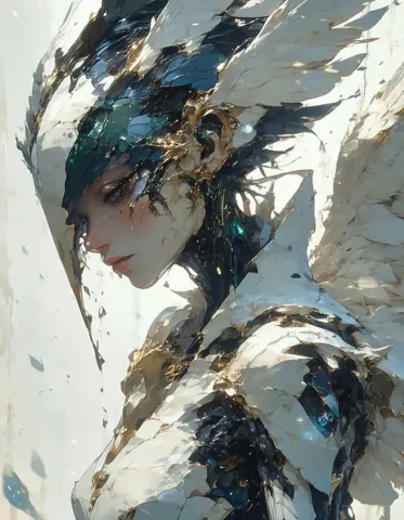 Feathered silver armor — An original fantasy portrait with angular silver feather armor and cool blue accents, loose painterly strokes.