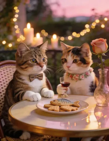 Cats at a candlelit table — Two dressed-up cats at a small candlelit dinner table, cookies and roses with soft festive lights.