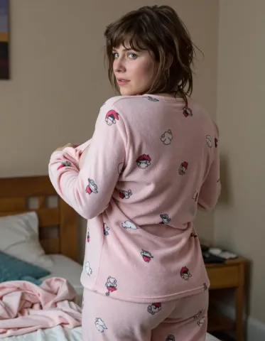 Cozy pink pajamas portrait — Cozy pink pajamas portrait. Natural photographic detail, balanced composition, expressive light and clear subject separation. Create a new…