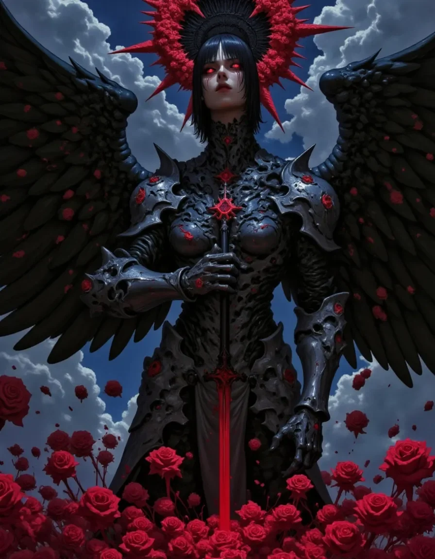 Black winged queen among red roses — Black winged queen among red roses. An imaginative character study with distinctive materials, expressive posture and cinematic lighting.…
