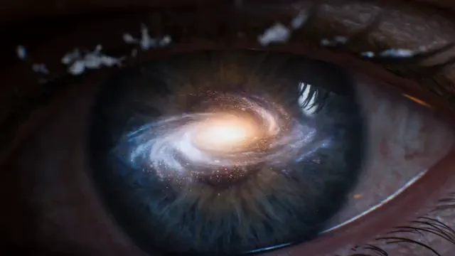 视频封面：眼眸中的星河 — 眼睛微距特写，虹膜中映出明亮的螺旋星系，轻微眨眼，镜头缓慢推进。