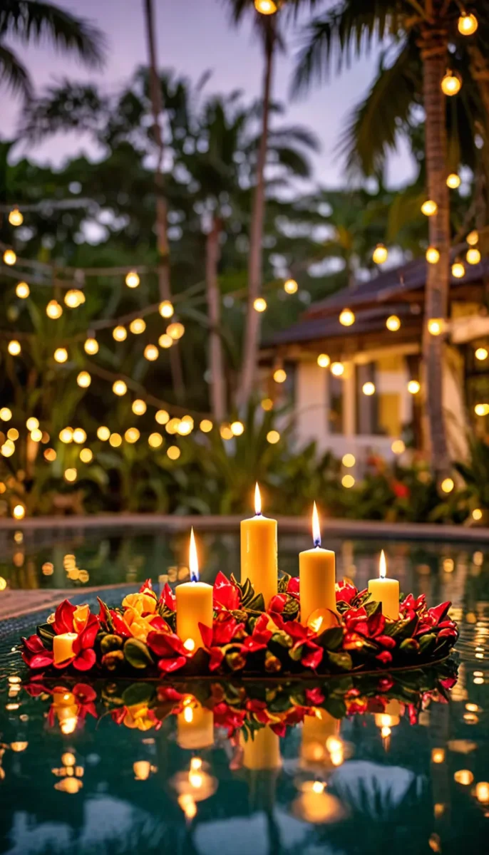 Floating candles in a tropical pool — Floating candles in a tropical pool. Natural photographic detail, balanced composition, expressive light and clear subject separation.…