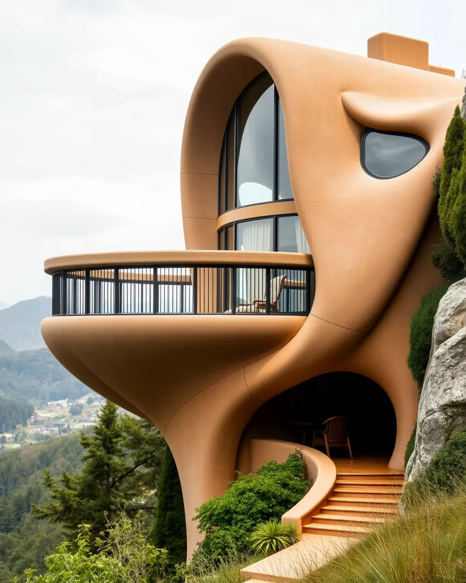Sculptural terracotta hillside house — Sculptural terracotta hillside house. An atmospheric environment with layered depth, coherent lighting and rich environmental detail.…