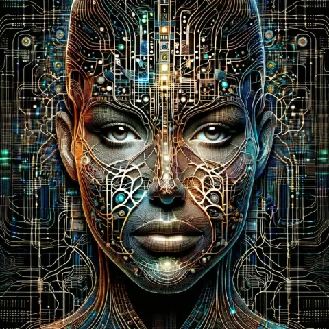 Circuit patterned face sculpture — Circuit patterned face sculpture. Expressive illustration, harmonious colors, a clear focal point and carefully arranged details. Create a new…