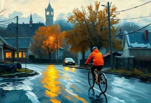 Cyclist on a rainy autumn street — Cyclist on a rainy autumn street. Expressive illustration, harmonious colors, a clear focal point and carefully arranged details. Create a new…