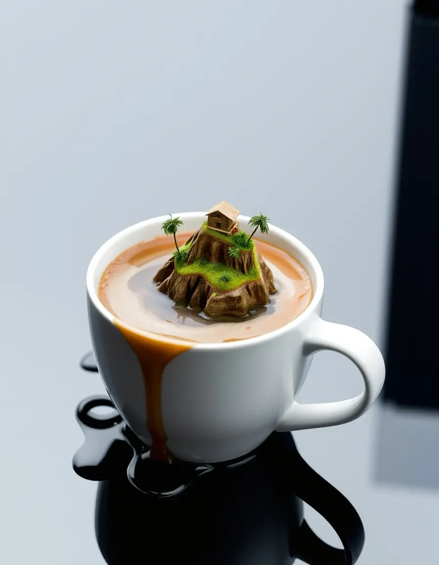 Miniature island in a coffee cup — Miniature island in a coffee cup. A carefully composed still life with clear material textures, controlled lighting and a clean focal point.…