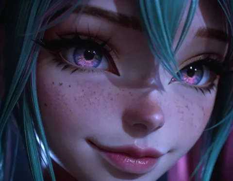Violet-eyed character — Close-up of an original stylized character with turquoise hair, freckles and large violet eyes, soft digital lighting.