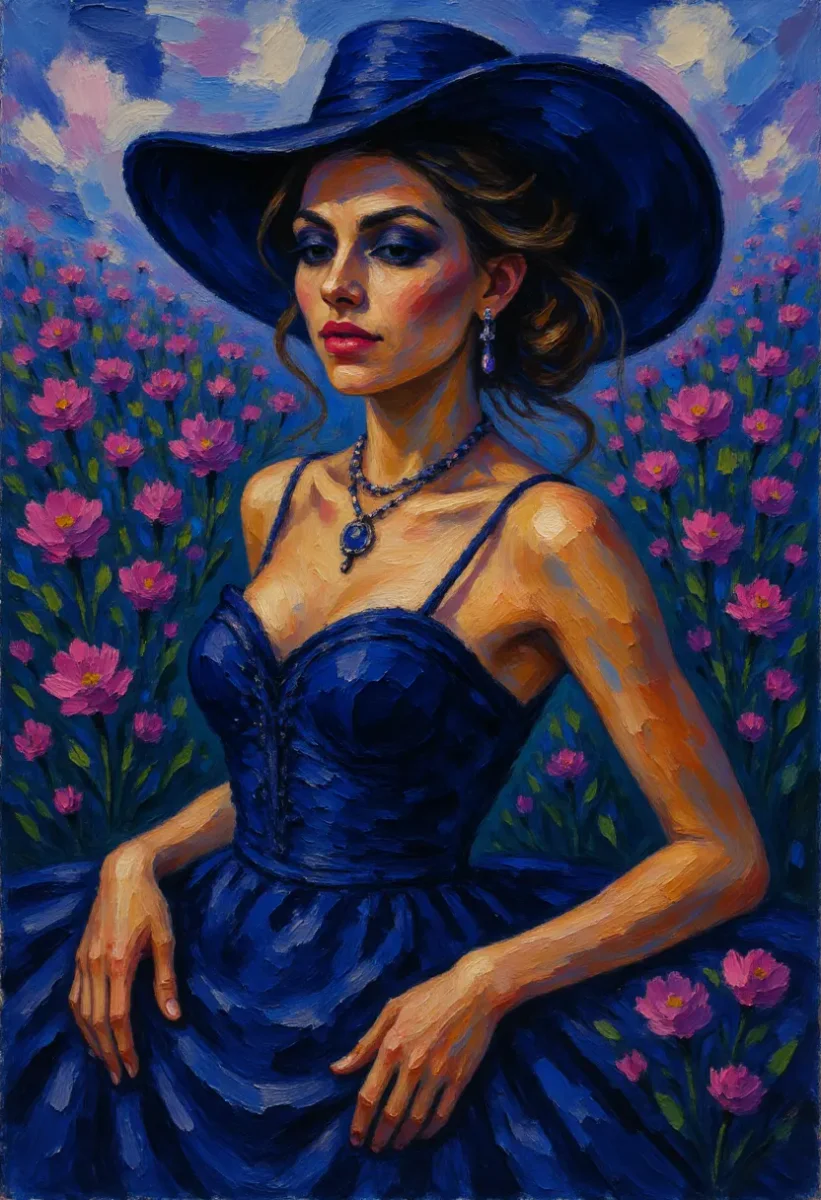 Blue hat floral painting — Blue hat floral painting. Expressive illustration, harmonious colors, a clear focal point and carefully arranged details. Create a new interpretation…