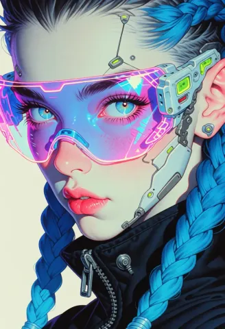 Neon visor character — An original cybernetic portrait with blue braids and transparent pink neon goggles, crisp graphic highlights.