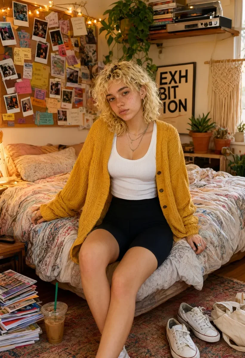 Yellow cardigan in a cozy room — Yellow cardigan in a cozy room. Natural photographic detail, balanced composition, expressive light and clear subject separation. Create a new…