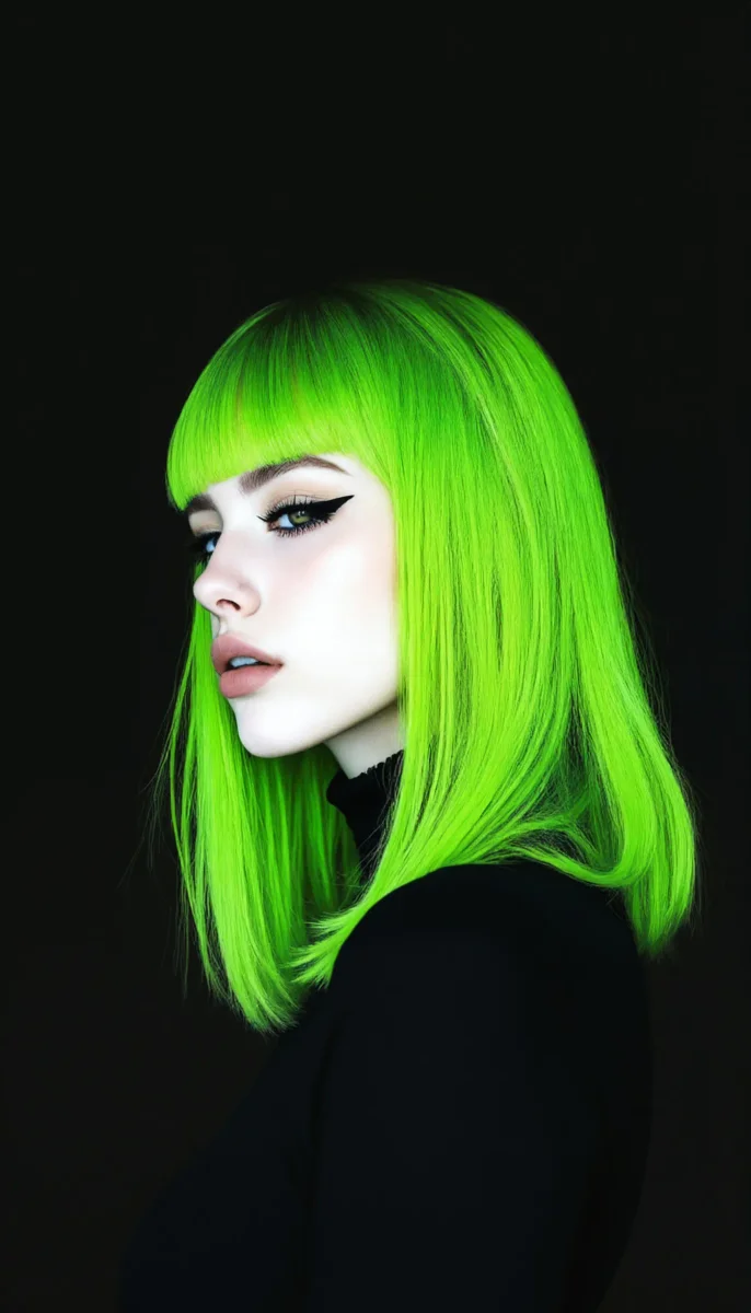 Neon green bob portrait — Neon green bob portrait. Natural photographic detail, balanced composition, expressive light and clear subject separation. Create a new interpretation…