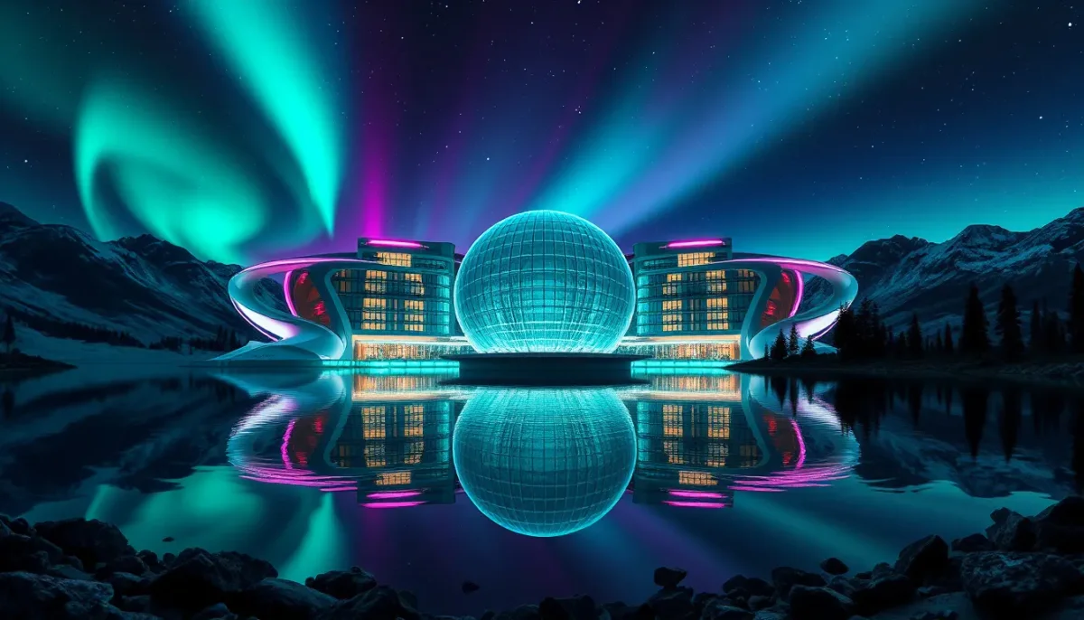 Aurora over futuristic lakeside architecture — Aurora over futuristic lakeside architecture. An atmospheric environment with layered depth, coherent lighting and rich…