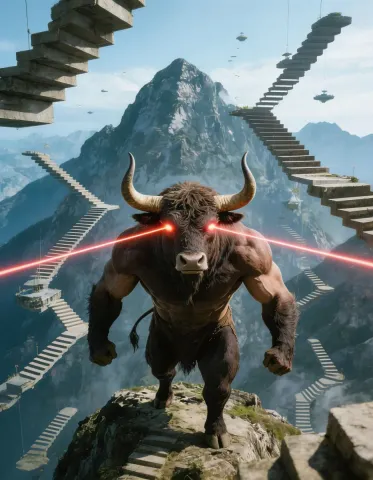 Minotaur on impossible stairs — Minotaur on impossible stairs. An imaginative character study with distinctive materials, expressive posture and cinematic lighting. Create a new…