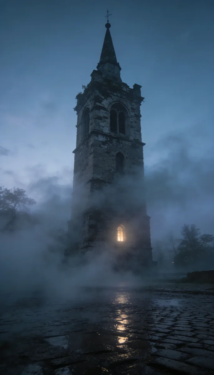 Tower in the mist — A lone stone clock tower rising from a misty blue landscape, one warm glowing window, gothic atmosphere.