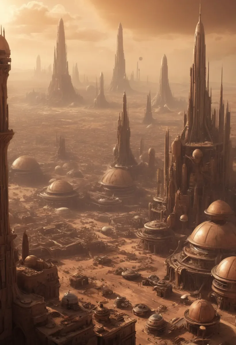 Dusty alien desert city — Dusty alien desert city. An atmospheric environment with layered depth, coherent lighting and rich environmental detail. Create a new interpretation…