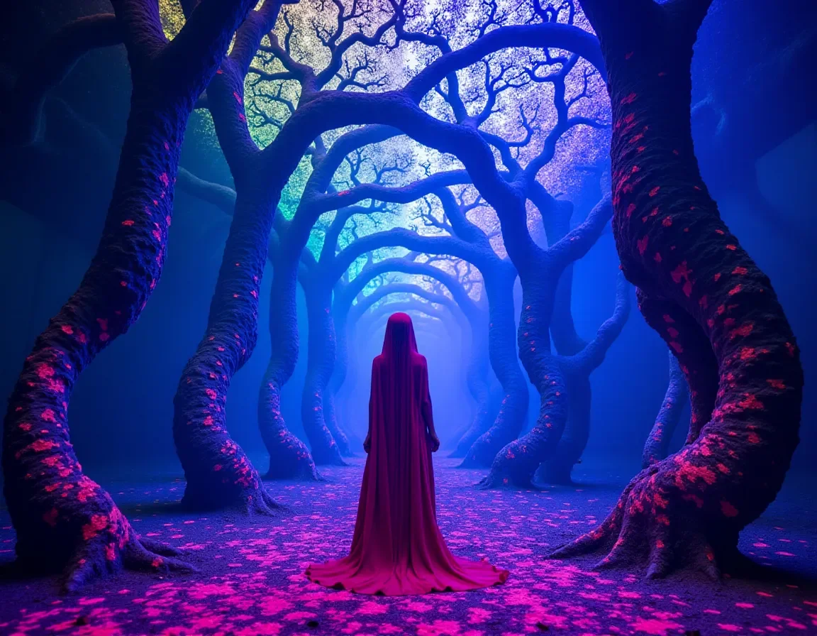 Red cloak in an electric blue forest — Red cloak in an electric blue forest. An atmospheric environment with layered depth, coherent lighting and rich environmental detail.…