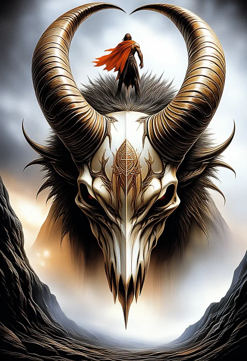 Golden horned skull and traveler — Golden horned skull and traveler. Expressive illustration, harmonious colors, a clear focal point and carefully arranged details. Create a new…
