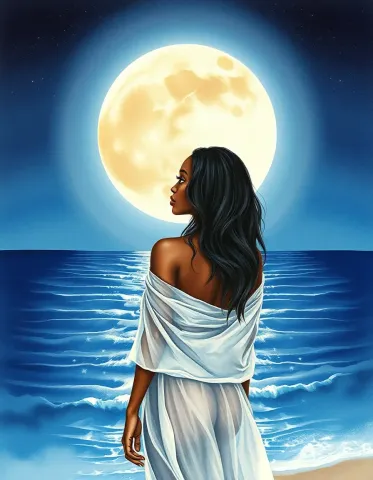 Full moon over a blue sea — Full moon over a blue sea. Expressive illustration, harmonious colors, a clear focal point and carefully arranged details. Create a new…