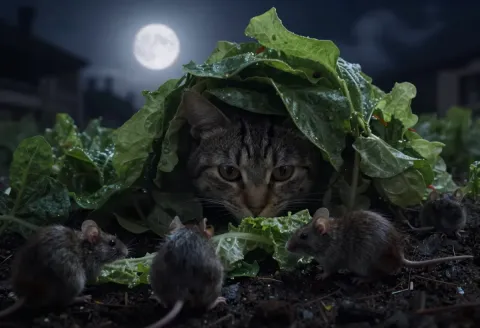 Moonlit garden cat — A tabby cat hiding beneath leafy greens in a moonlit garden, dewdrops and curious eyes, playful miniature scene.