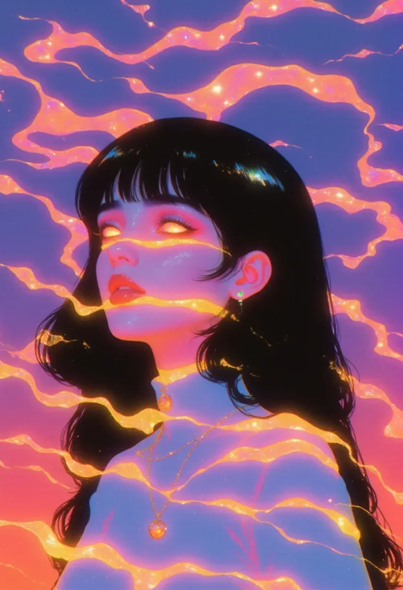 Electric sunset portrait — A stylized portrait with a dark bob haircut, orange glowing cloud bands flowing across the face and shoulders, lavender background, luminous digital…