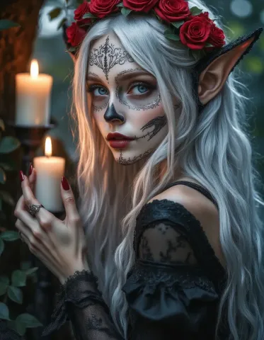 Silver haired elf with rose crown — Silver haired elf with rose crown. An imaginative character study with distinctive materials, expressive posture and cinematic lighting.…