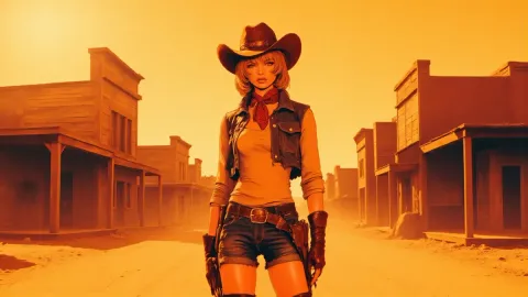 Golden western street adventurer — Golden western street adventurer. Expressive illustration, harmonious colors, a clear focal point and carefully arranged details. Create a new…