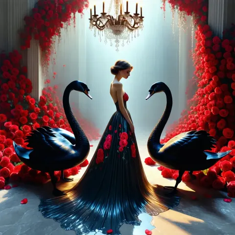 Black swans and a red rose hall — Black swans and a red rose hall. Expressive illustration, harmonious colors, a clear focal point and carefully arranged details. Create a new…