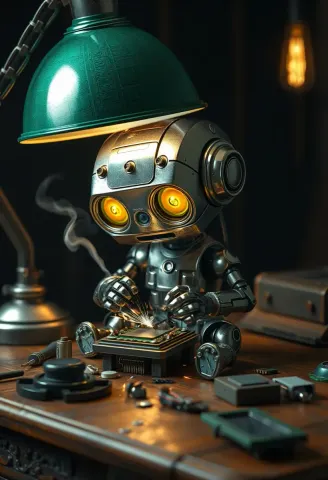 Small clockwork robot at a desk — Small clockwork robot at a desk. An imaginative character study with distinctive materials, expressive posture and cinematic lighting. Create a…