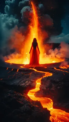 Red cloaked figure beside a volcano — Red cloaked figure beside a volcano. Expressive illustration, harmonious colors, a clear focal point and carefully arranged details. Create…