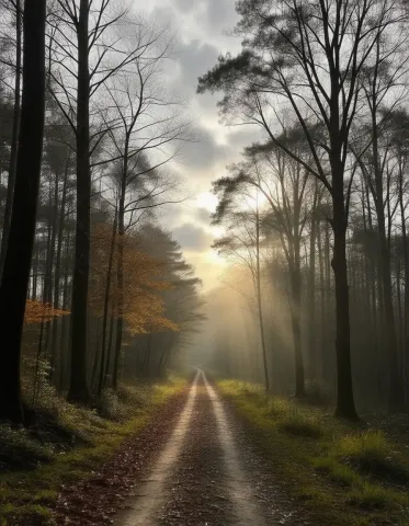 Morning sunlight on a forest road — Morning sunlight on a forest road. An atmospheric environment with layered depth, coherent lighting and rich environmental detail. Create a…