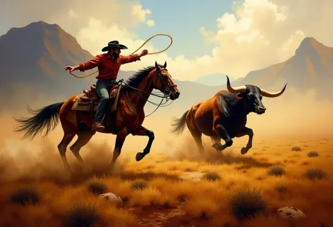 Cowboy and bull on the prairie — Cowboy and bull on the prairie. Expressive illustration, harmonious colors, a clear focal point and carefully arranged details. Create a new…