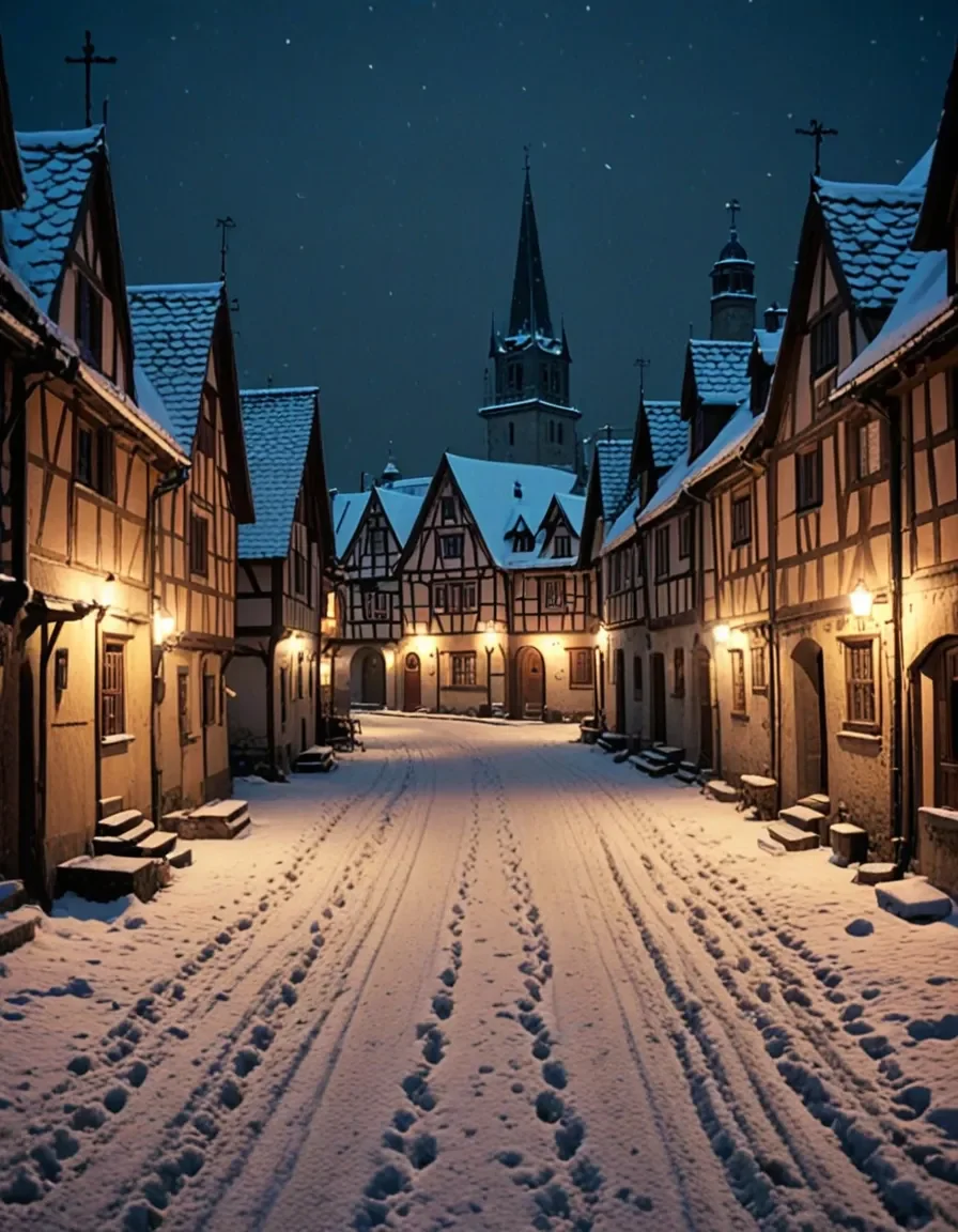 Snowy medieval street at night — Snowy medieval street at night. An atmospheric environment with layered depth, coherent lighting and rich environmental detail. Create a new…