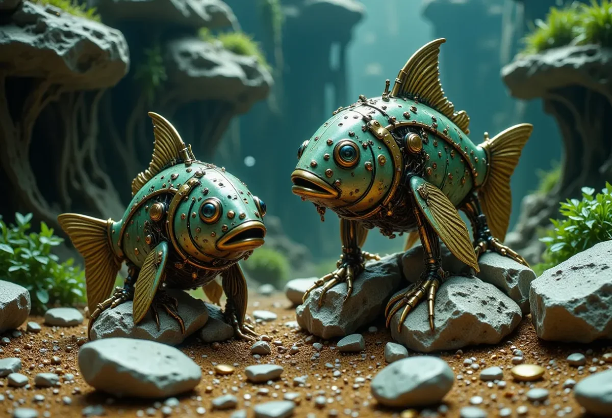 Two mechanical fish underwater — Two mechanical fish underwater. Expressive illustration, harmonious colors, a clear focal point and carefully arranged details. Create a new…