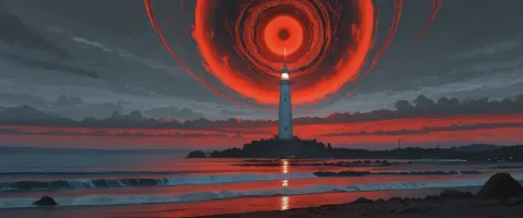 Lighthouse under a red vortex — Lighthouse under a red vortex. An atmospheric environment with layered depth, coherent lighting and rich environmental detail. Create a new…