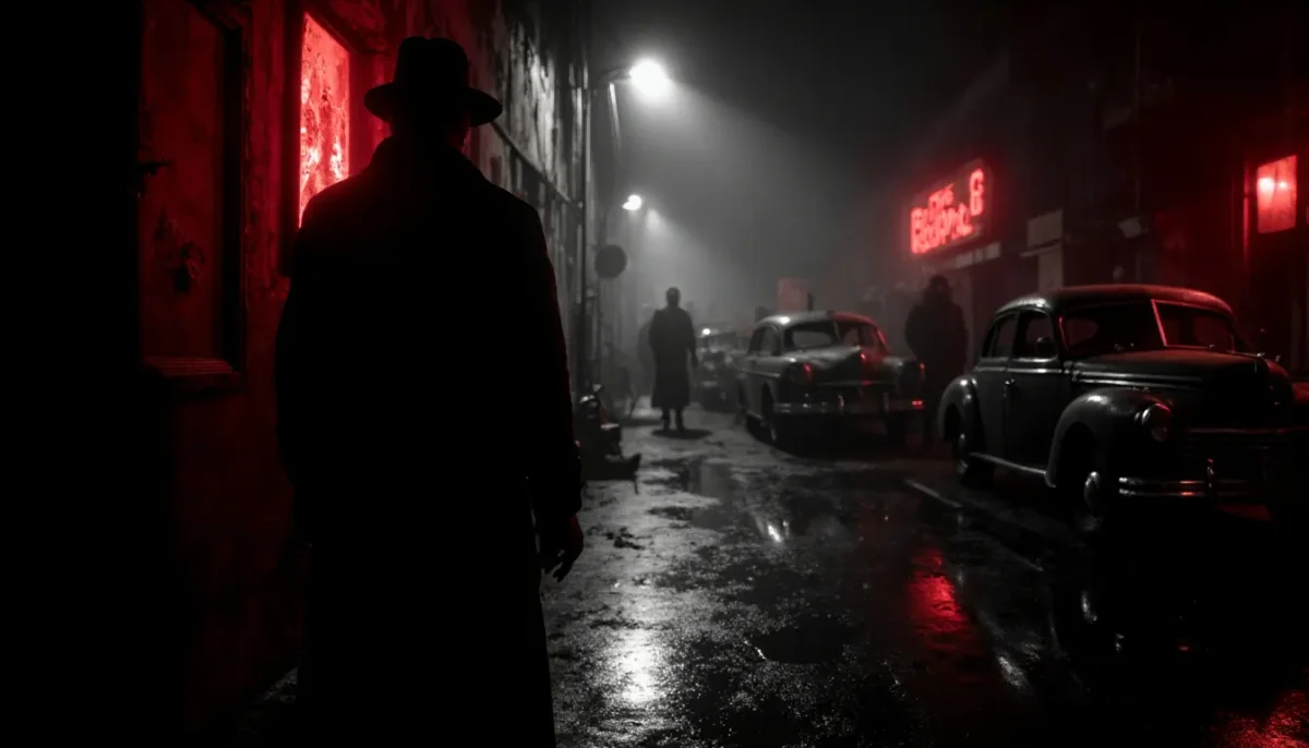 Red lit rainy film noir street — Red lit rainy film noir street. Natural photographic detail, balanced composition, expressive light and clear subject separation. Create a new…