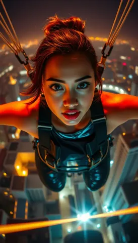 Rooftop adventure above a glowing city — Rooftop adventure above a glowing city. An imaginative character study with distinctive materials, expressive posture and cinematic…