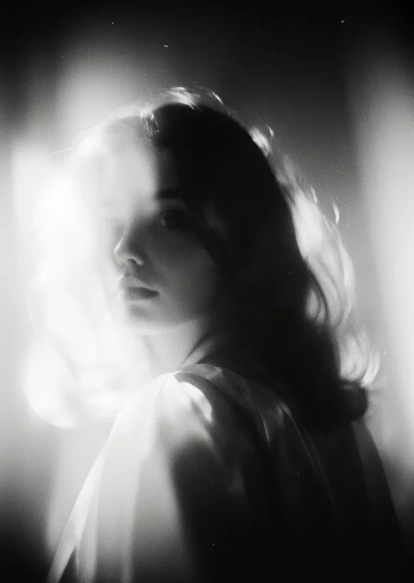 Soft monochrome light — A softly blurred monochrome portrait framed by bright window light, dreamy grain and luminous hair.