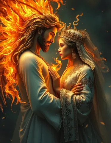 Golden flame crowned couple — Golden flame crowned couple. Expressive illustration, harmonious colors, a clear focal point and carefully arranged details. Create a new…