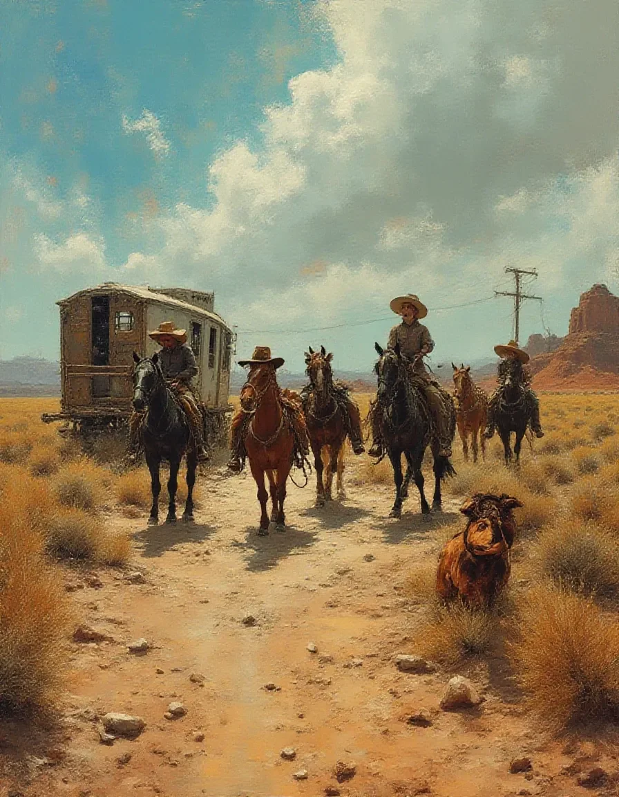 Western wagon caravan painting — Western wagon caravan painting. Expressive illustration, harmonious colors, a clear focal point and carefully arranged details. Create a new…