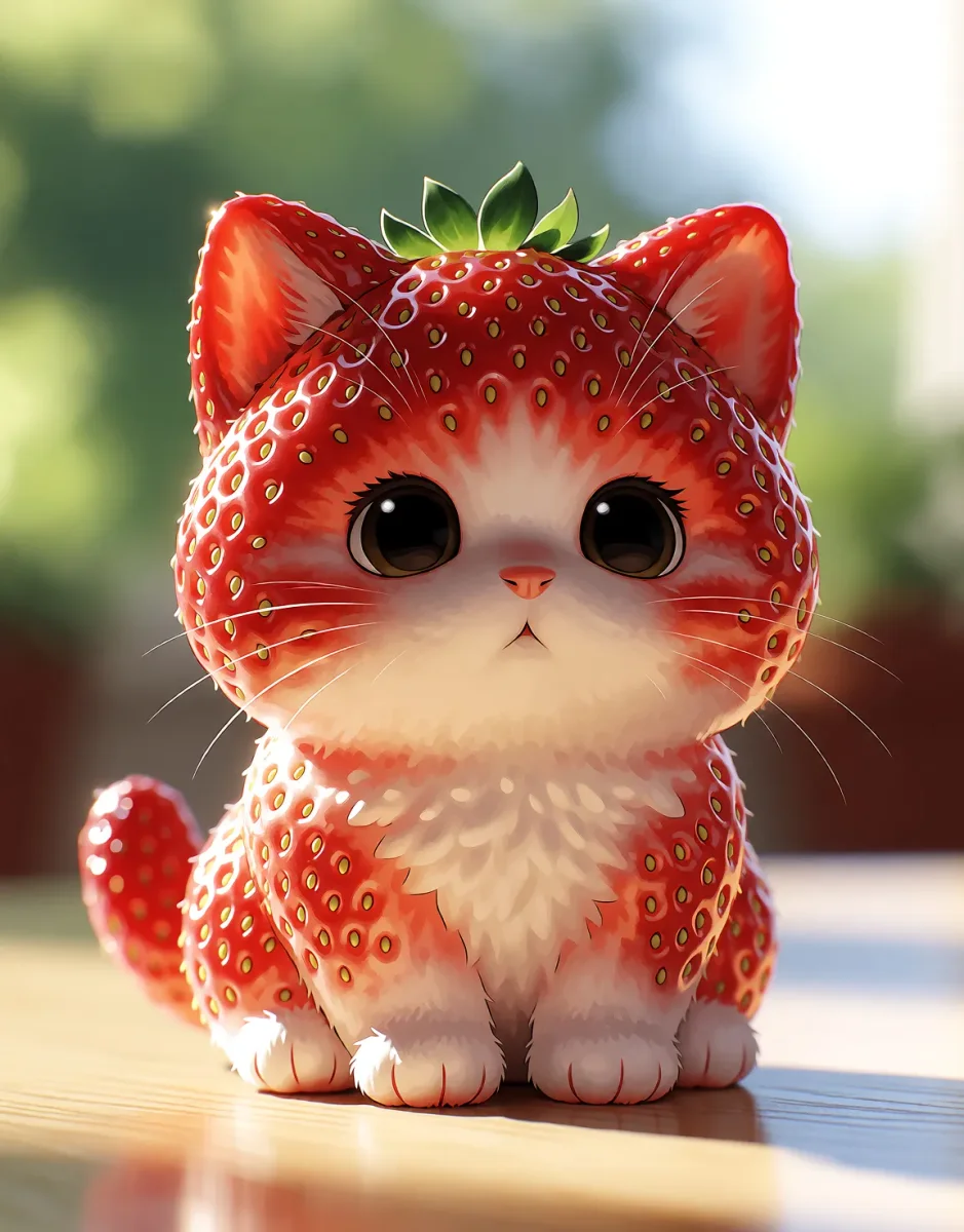 Strawberry kitten — A tiny fluffy kitten with strawberry-red fur and seed-like spots, leafy crown and sunny table scene.