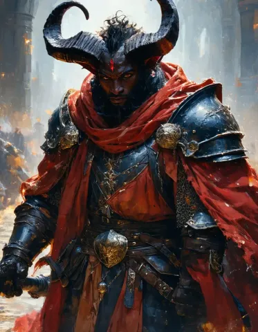 Horned warrior with a red scarf — Horned warrior with a red scarf. An imaginative character study with distinctive materials, expressive posture and cinematic lighting. Create a…