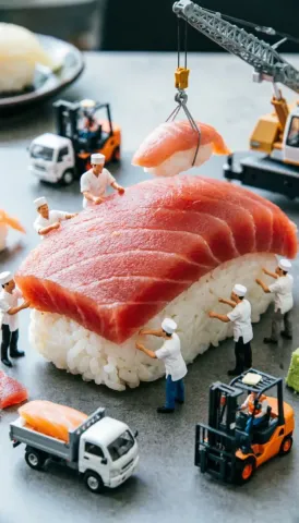 Miniature sushi builders — A giant piece of tuna sushi surrounded by miniature construction vehicles and tiny workers, cranes placing fresh fish, playful macro food photography…